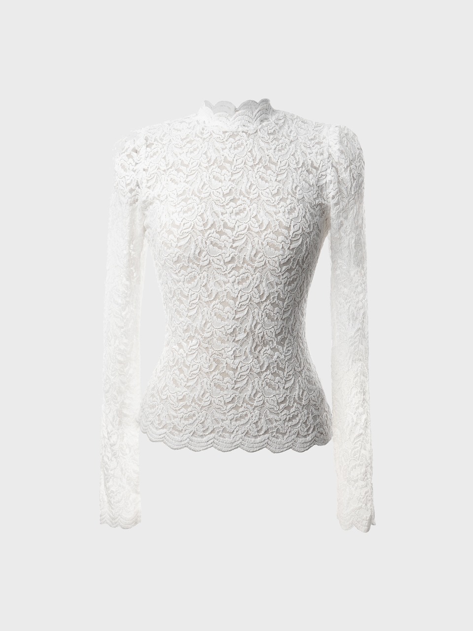 High-Neck Lace Balloon-Sleeve Top for woman (white)