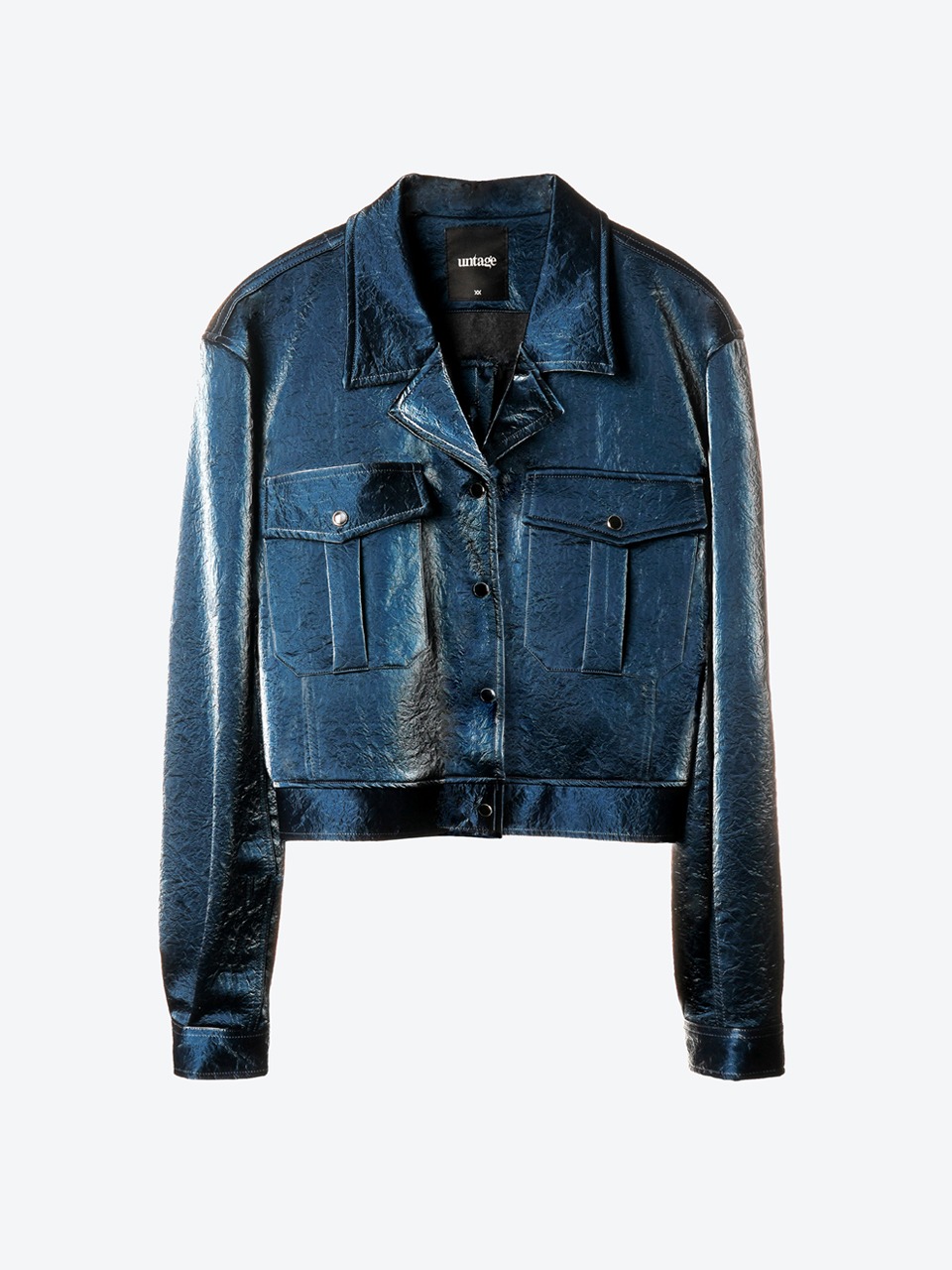 Flap-Pocket Faux-Leather Cropped Jacket (blue)