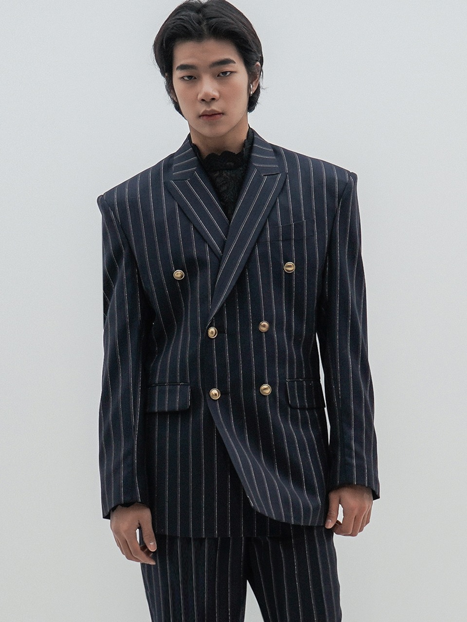 Pinstriped Wool-Silk Double-Breasted Blazer