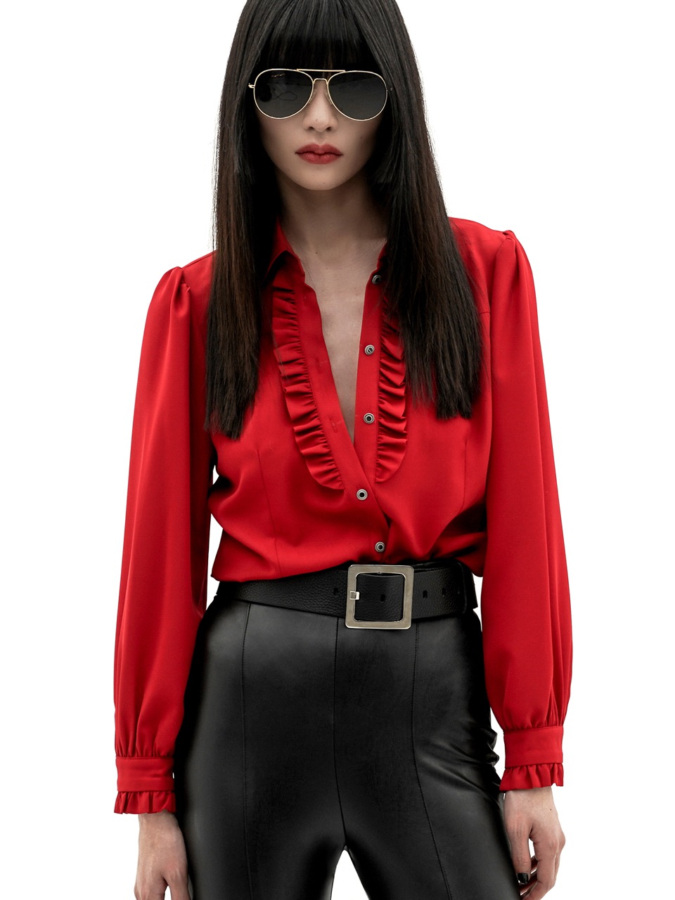Ruffled-Placket Blouse (red) for woman