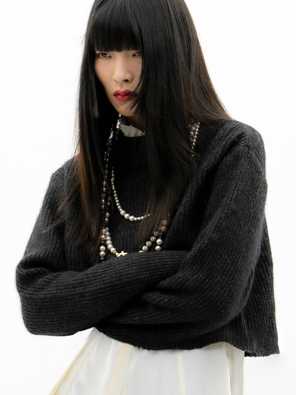 High-Neck Angora-Wool Cropped Sweater (black)